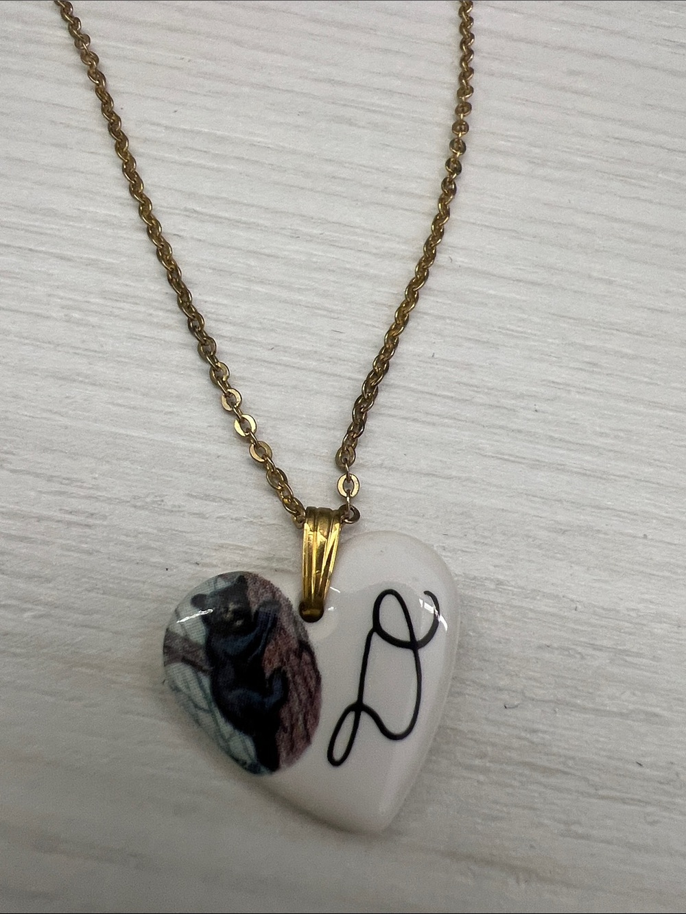 Gold Chain Heart Pendant Necklace with White Heart and Black Script